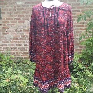 Red Floral Print Boho Hippie Long Sleeve Dress NWT
